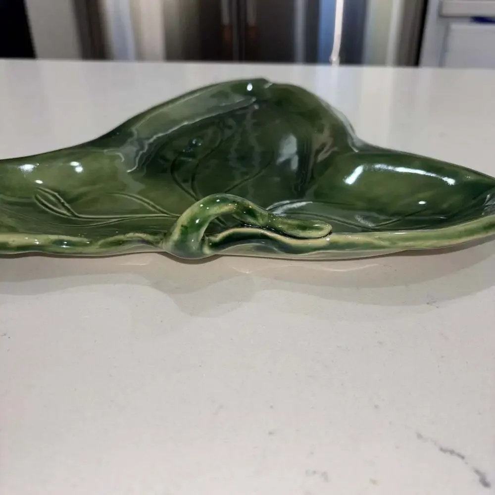 Vintage MCM Studio Pottery Green Ceramic Leaf Serving Tray